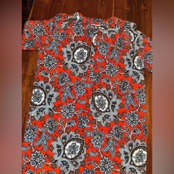 Loft-Anne Taylor Red Blue Brown Floral Long Sleeve Smock Tunic-Henley style sz L - Picture 8 of 16